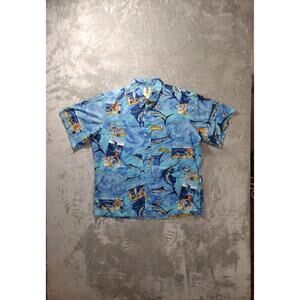 Kahala Button Shirt Mens XL Blue Swordfish Nautical Print Hawaiian Fishing Boat